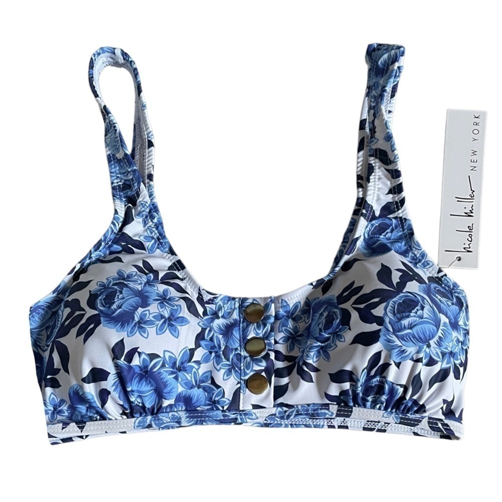 Nicole Miller Blue & White Floral Snap Front Bikini Top Size S NWT